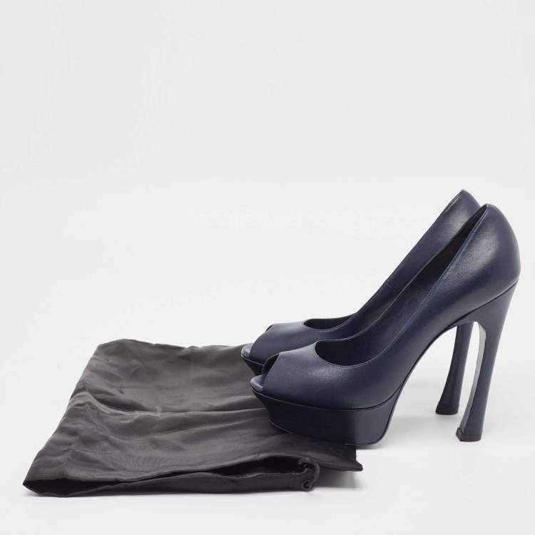 Pre Owned Saint Laurent Navy Blue Leather Palais Peep Toe Pumps Size 38.5