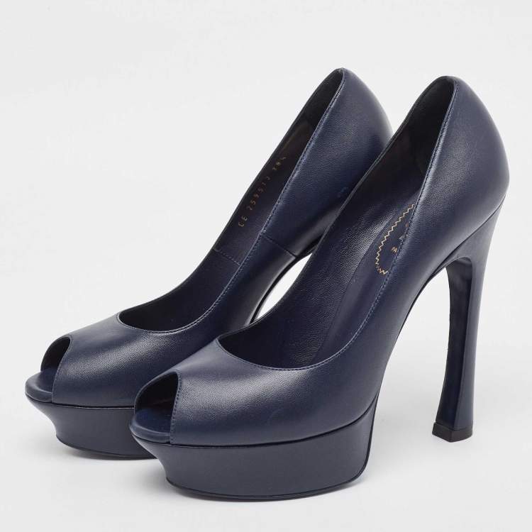 Pre Owned Saint Laurent Navy Blue Leather Palais Peep Toe Pumps Size 38.5