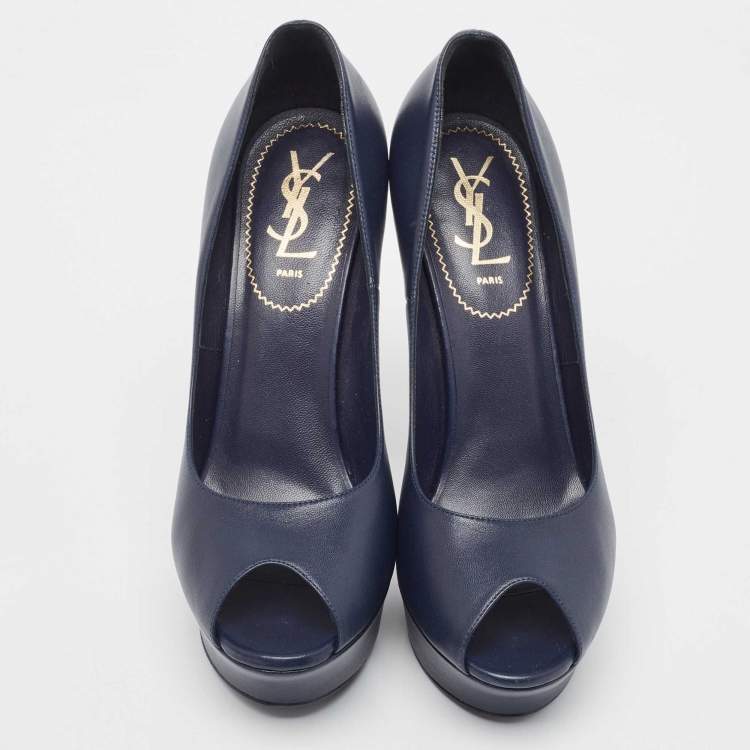 Pre Owned Saint Laurent Navy Blue Leather Palais Peep Toe Pumps Size 38.5