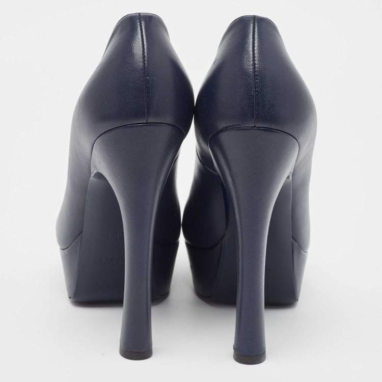Pre Owned Saint Laurent Navy Blue Leather Palais Peep Toe Pumps Size 38.5