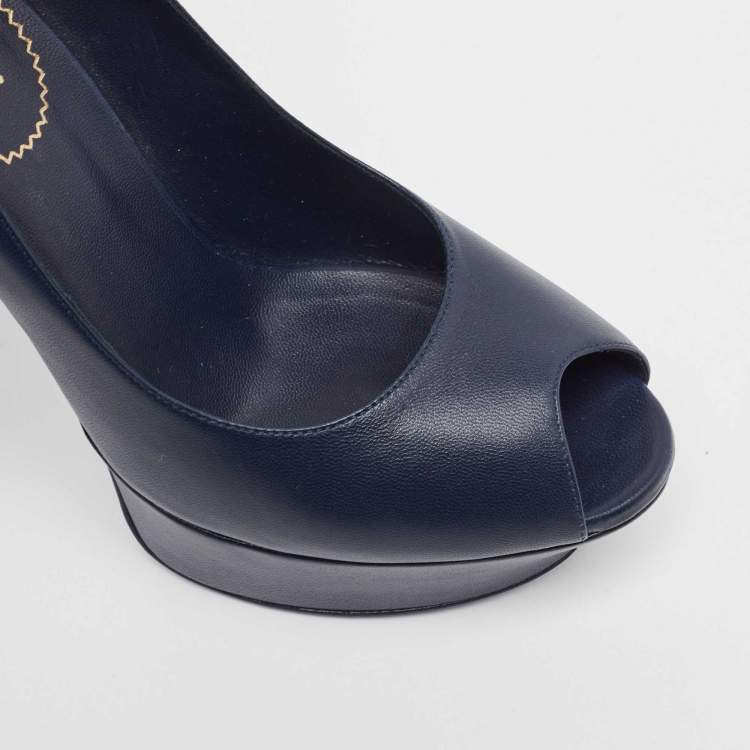 Pre Owned Saint Laurent Navy Blue Leather Palais Peep Toe Pumps Size 38.5