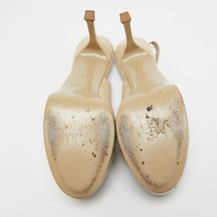 Pre Owned Saint Laurent Beige Suede and Leather Tribtoo Slingback Pumps Size 38.5