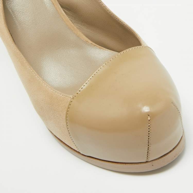 Pre Owned Saint Laurent Beige Suede and Leather Tribtoo Slingback Pumps Size 38.5