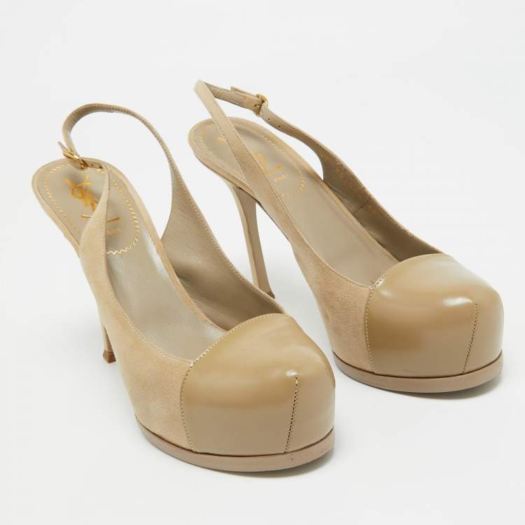 Pre Owned Saint Laurent Beige Suede and Leather Tribtoo Slingback Pumps Size 38.5