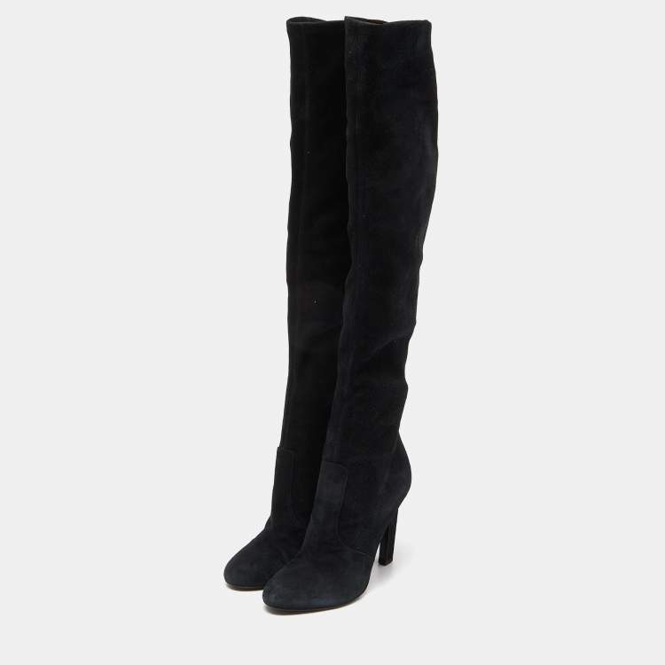 Pre Owned Saint Laurent Black Suede Over The Knee Boots Size 38.5