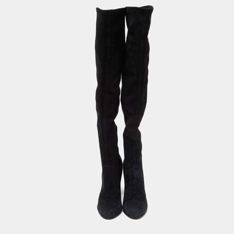 Pre Owned Saint Laurent Black Suede Over The Knee Boots Size 38.5