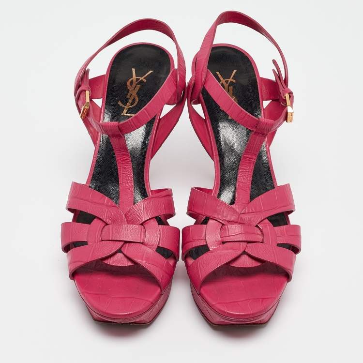Pre Owned Saint Laurent Pink Croc Embossed Tribute  Sandals Size 39