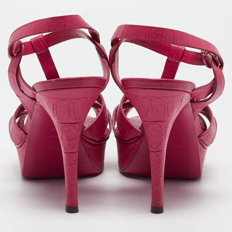 Pre Owned Saint Laurent Pink Croc Embossed Tribute  Sandals Size 39