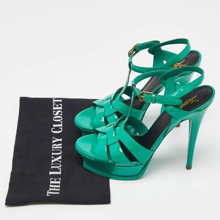 Pre Owned Saint Laurent Green Patent Leather Tribute  Sandals Size 38.5
