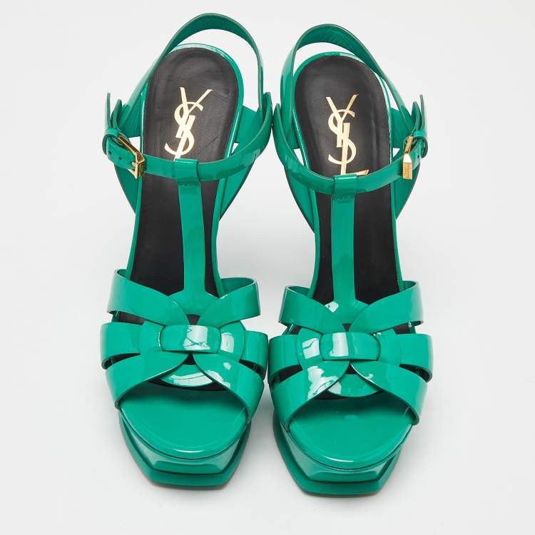 Pre Owned Saint Laurent Green Patent Leather Tribute  Sandals Size 38.5