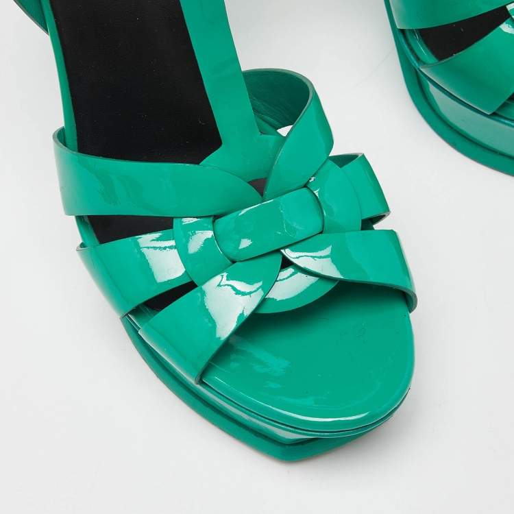 Pre Owned Saint Laurent Green Patent Leather Tribute  Sandals Size 38.5