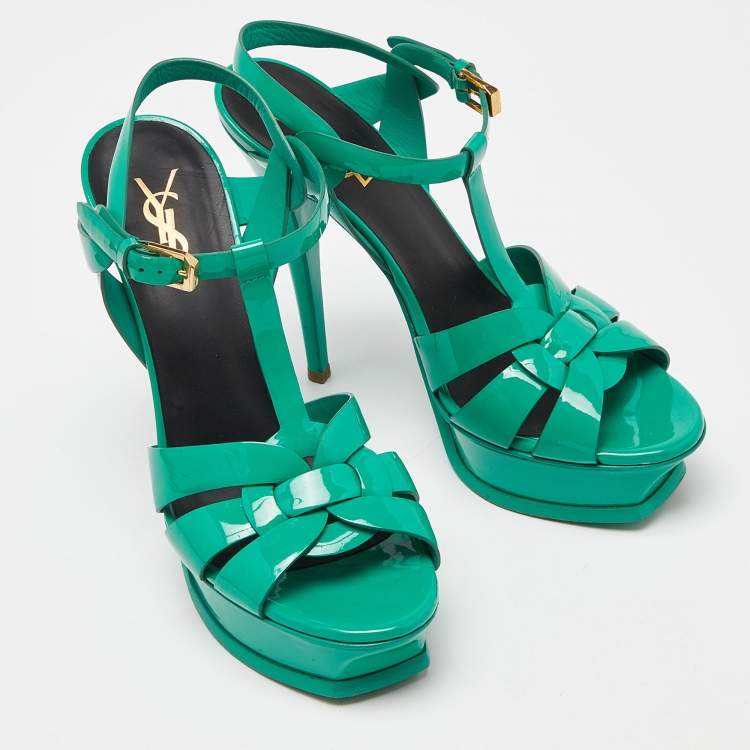 Pre Owned Saint Laurent Green Patent Leather Tribute  Sandals Size 38.5
