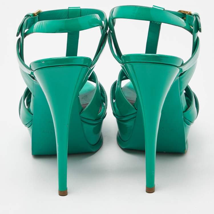 Pre Owned Saint Laurent Green Patent Leather Tribute  Sandals Size 38.5
