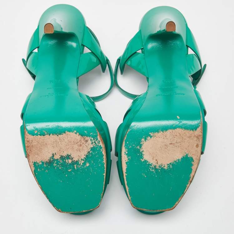 Pre Owned Saint Laurent Green Patent Leather Tribute  Sandals Size 38.5