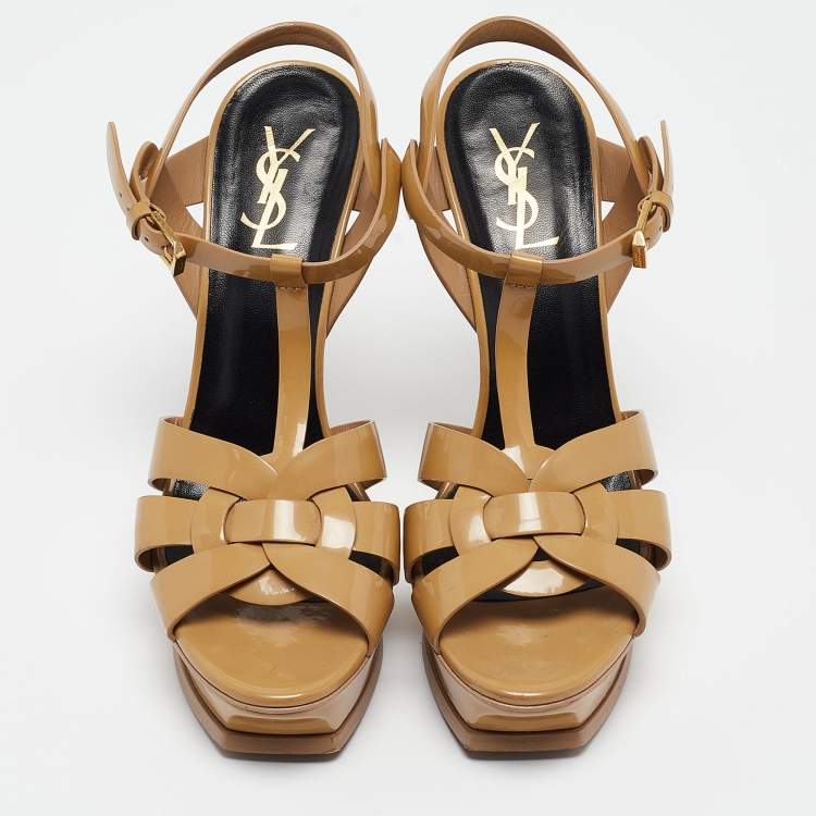 Pre Owned Saint Laurent Beige Patent Leather Tribute Sandals Size 39