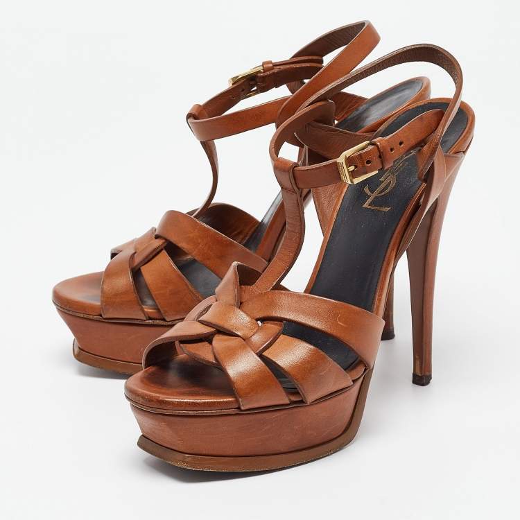 مملوكة مسبقًا Saint Laurent Brown Leather Tribute  Sandals Size 36.5
