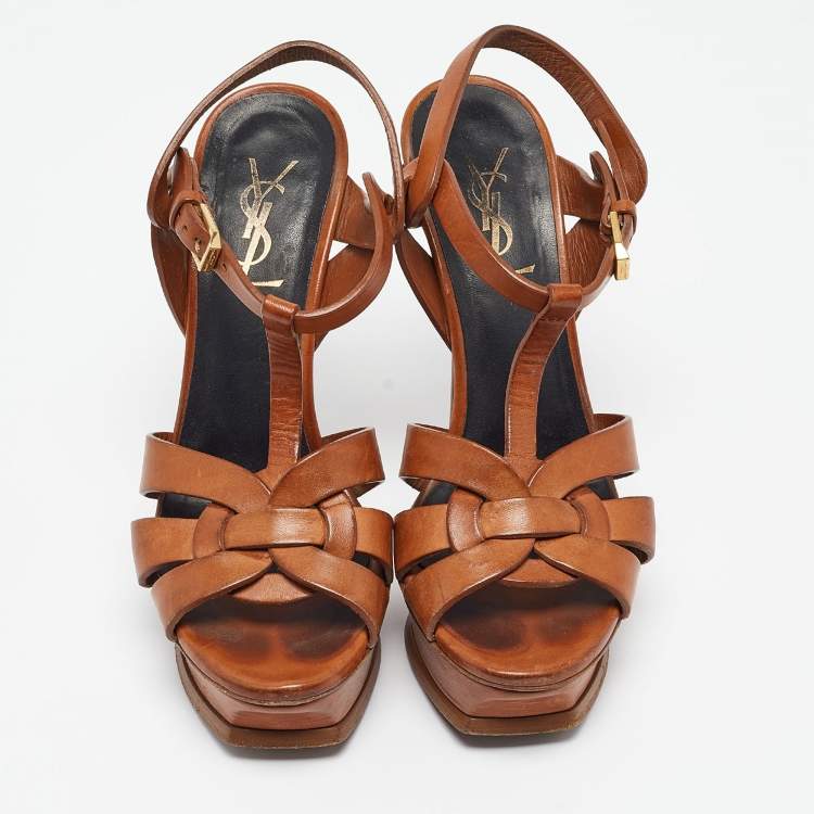 مملوكة مسبقًا Saint Laurent Brown Leather Tribute  Sandals Size 36.5