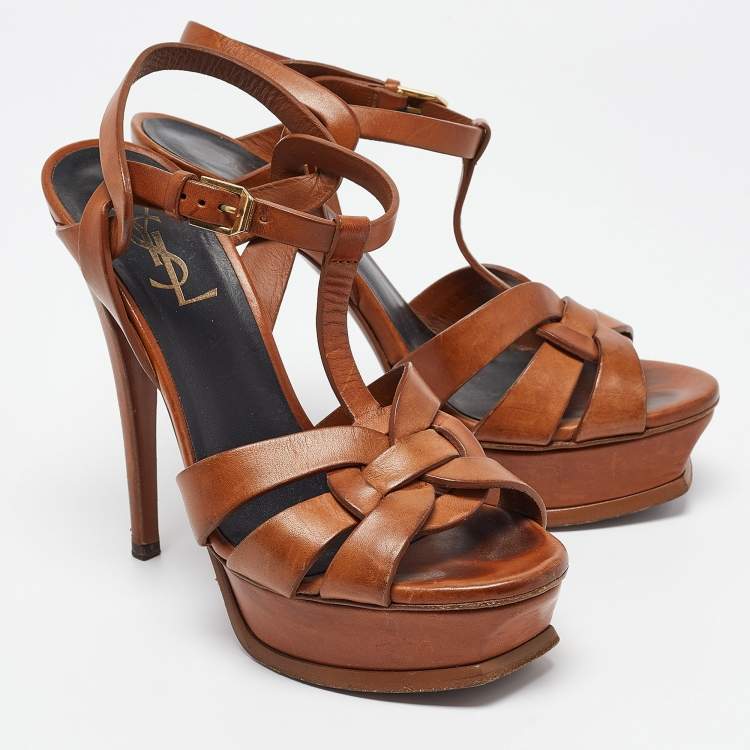 مملوكة مسبقًا Saint Laurent Brown Leather Tribute  Sandals Size 36.5