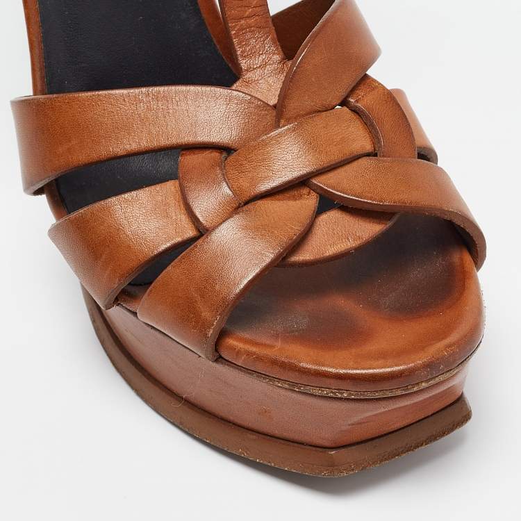 مملوكة مسبقًا Saint Laurent Brown Leather Tribute  Sandals Size 36.5
