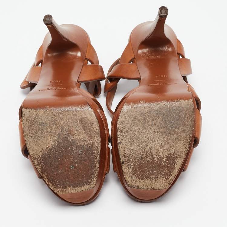 مملوكة مسبقًا Saint Laurent Brown Leather Tribute  Sandals Size 36.5