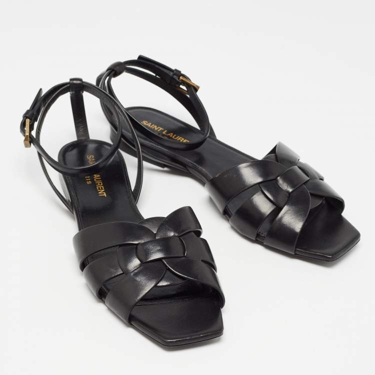 Pre Owned Saint Laurent Black Leather Tribute Ankle Strap Sandals Size 37