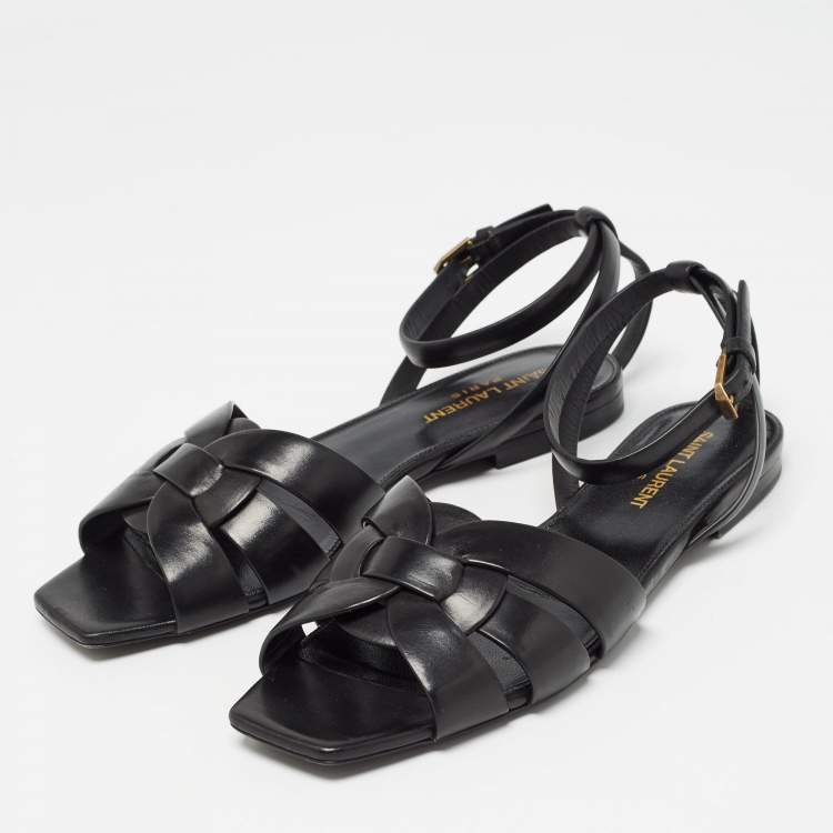 Pre Owned Saint Laurent Black Leather Tribute Ankle Strap Sandals Size 37
