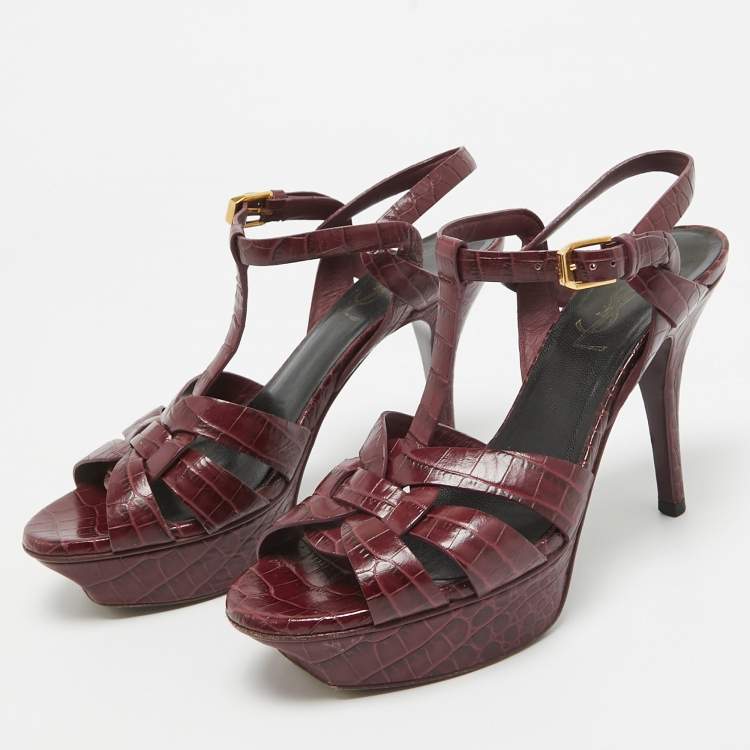 Pre Owned Saint Laurent  Burgundy Croc Embossed Leather Tribute  Sandals Size 36