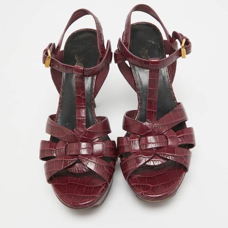 Pre Owned Saint Laurent  Burgundy Croc Embossed Leather Tribute  Sandals Size 36