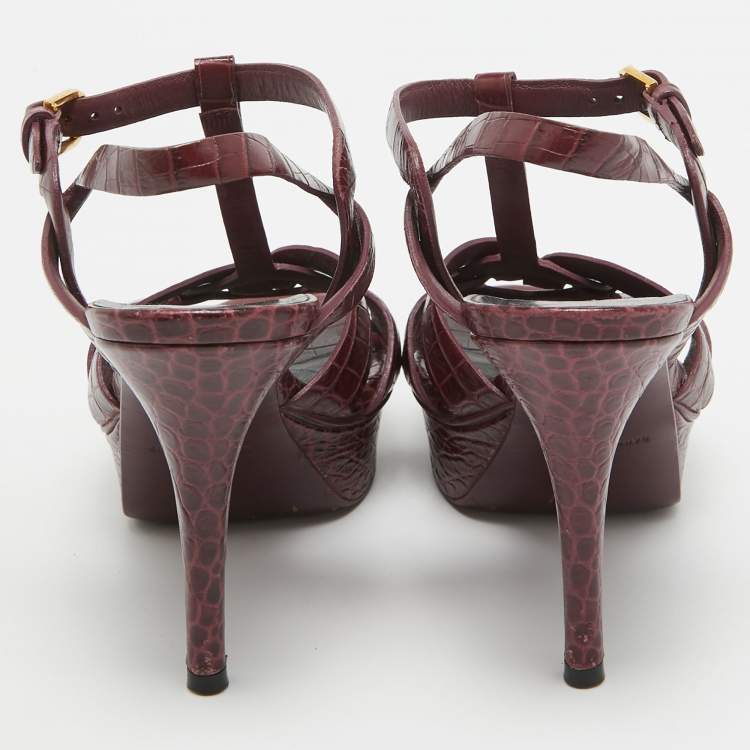 Pre Owned Saint Laurent  Burgundy Croc Embossed Leather Tribute  Sandals Size 36