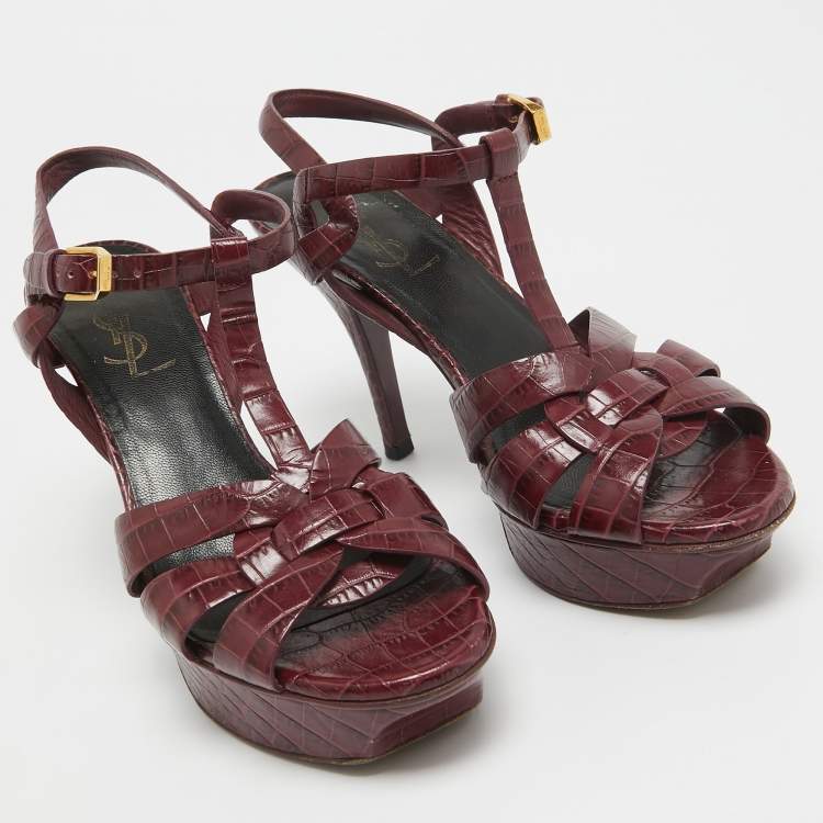 Pre Owned Saint Laurent  Burgundy Croc Embossed Leather Tribute  Sandals Size 36