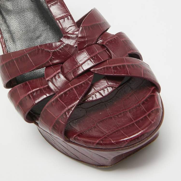 Pre Owned Saint Laurent  Burgundy Croc Embossed Leather Tribute  Sandals Size 36