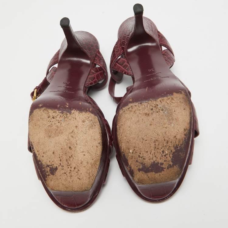Pre Owned Saint Laurent  Burgundy Croc Embossed Leather Tribute  Sandals Size 36