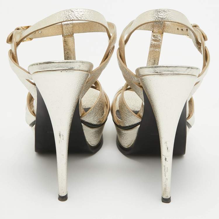Pre Owned Saint Laurent Gold Leather Tribute Sandals Size 39