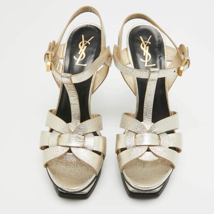 Pre Owned Saint Laurent Gold Leather Tribute Sandals Size 39