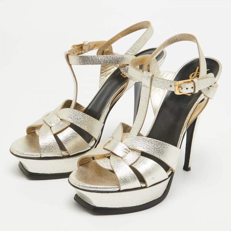 Pre Owned Saint Laurent Gold Leather Tribute Sandals Size 39
