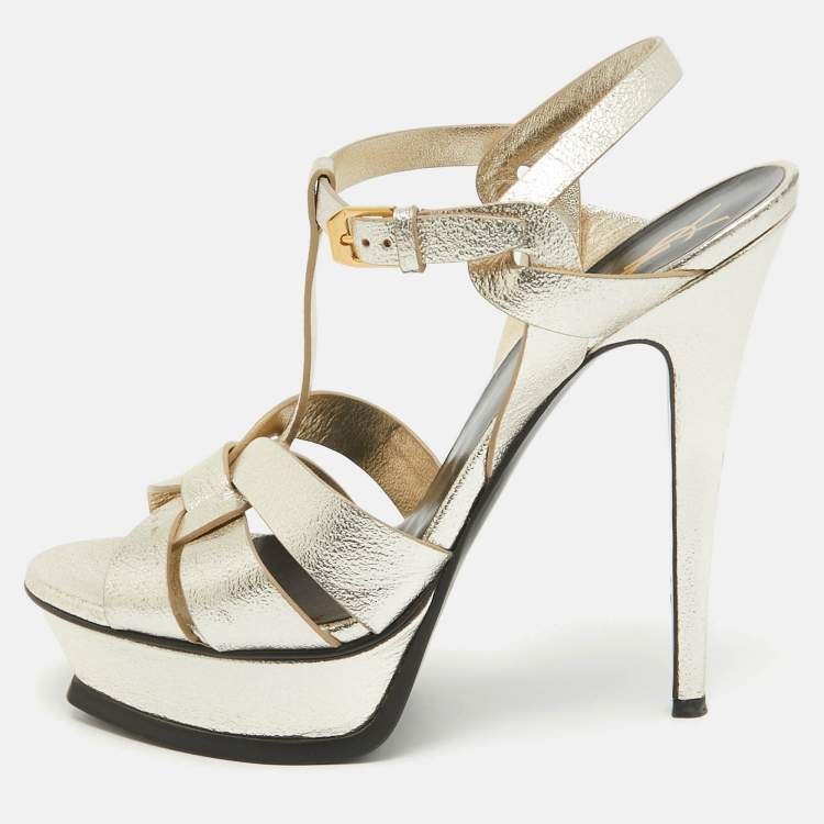 Pre Owned Saint Laurent Gold Leather Tribute Sandals Size 39