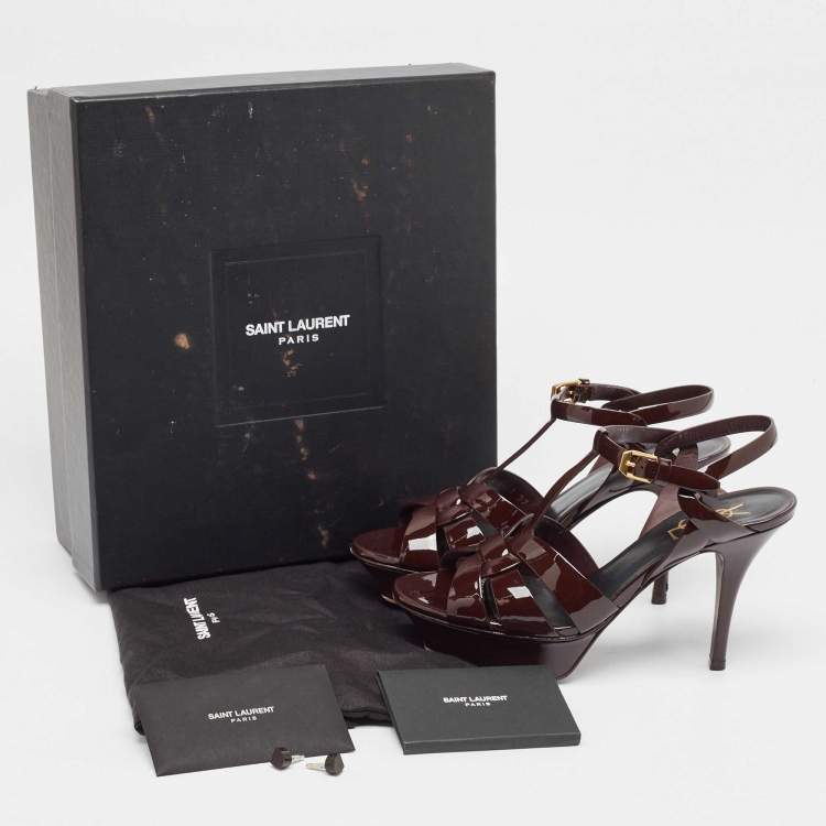 Pre Owned Saint Laurent Burgundy Patent Leather Tribute Sandals Size 37