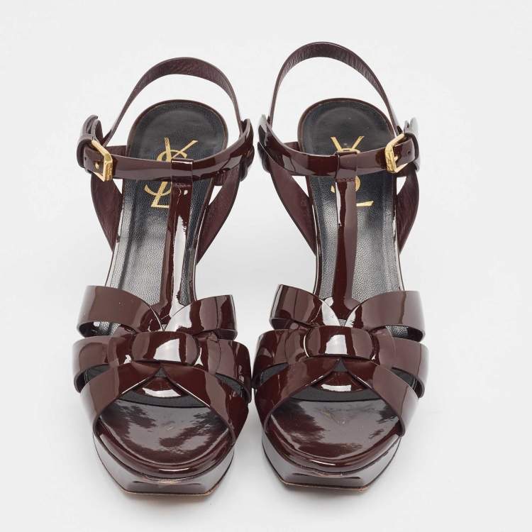Pre Owned Saint Laurent Burgundy Patent Leather Tribute Sandals Size 37