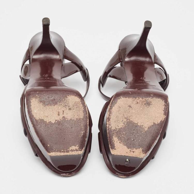 Pre Owned Saint Laurent Burgundy Patent Leather Tribute Sandals Size 37