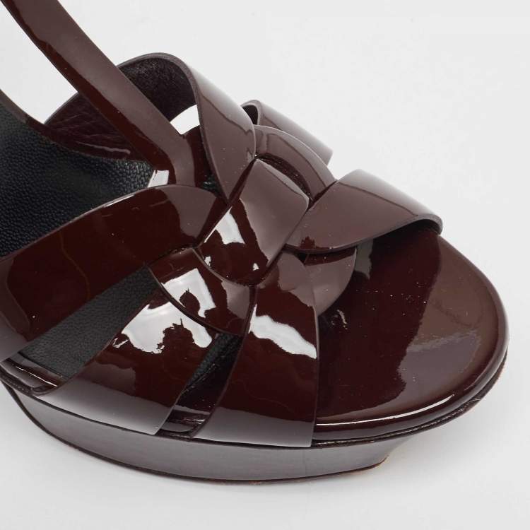 Pre Owned Saint Laurent Burgundy Patent Leather Tribute Sandals Size 37