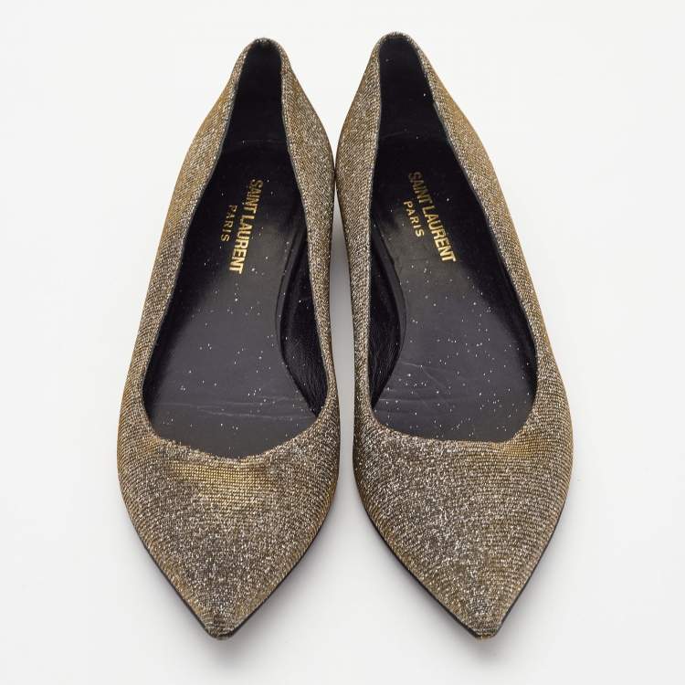 Pre Owned Saint Laurent Metallic Lurex Fabric Pointed Toe Ballet Flats Size 38.5