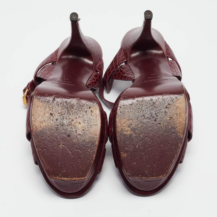 Pre Owned Saint Laurent Burgundy Croc Embossed Leather Tribute Sandals Size 41