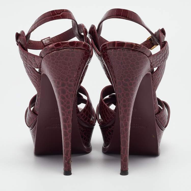 Pre Owned Saint Laurent Burgundy Croc Embossed Leather Tribute Sandals Size 41