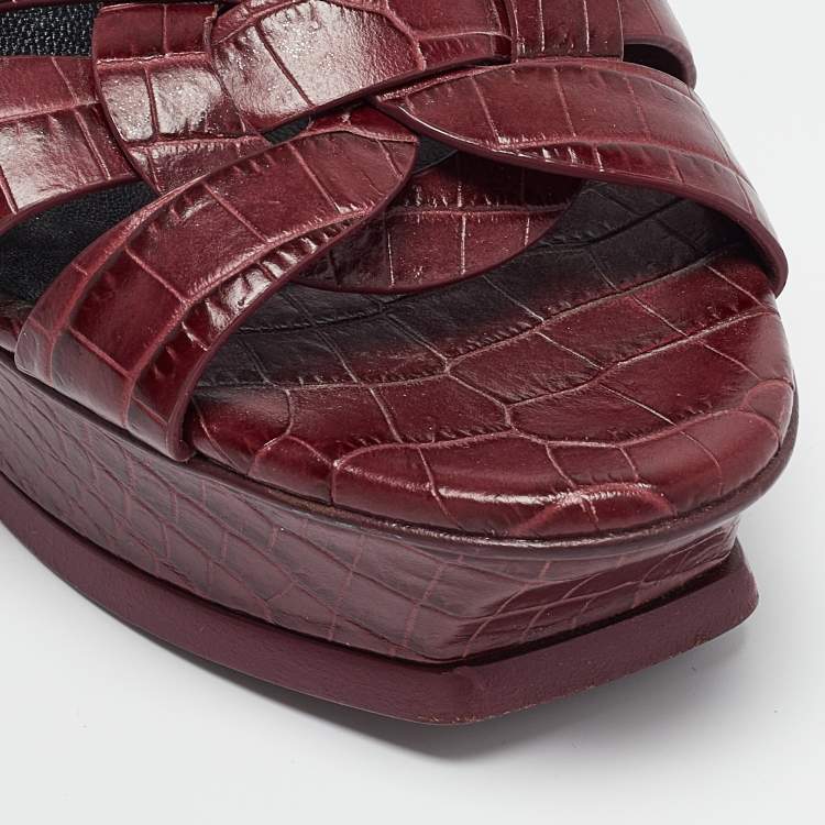 Pre Owned Saint Laurent Burgundy Croc Embossed Leather Tribute Sandals Size 41