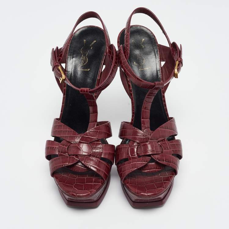 Pre Owned Saint Laurent Burgundy Croc Embossed Leather Tribute Sandals Size 41