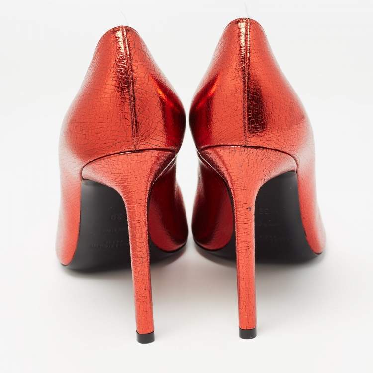Pre Owned Saint Laurent Red Textured Leather Anja Pumps Size 39