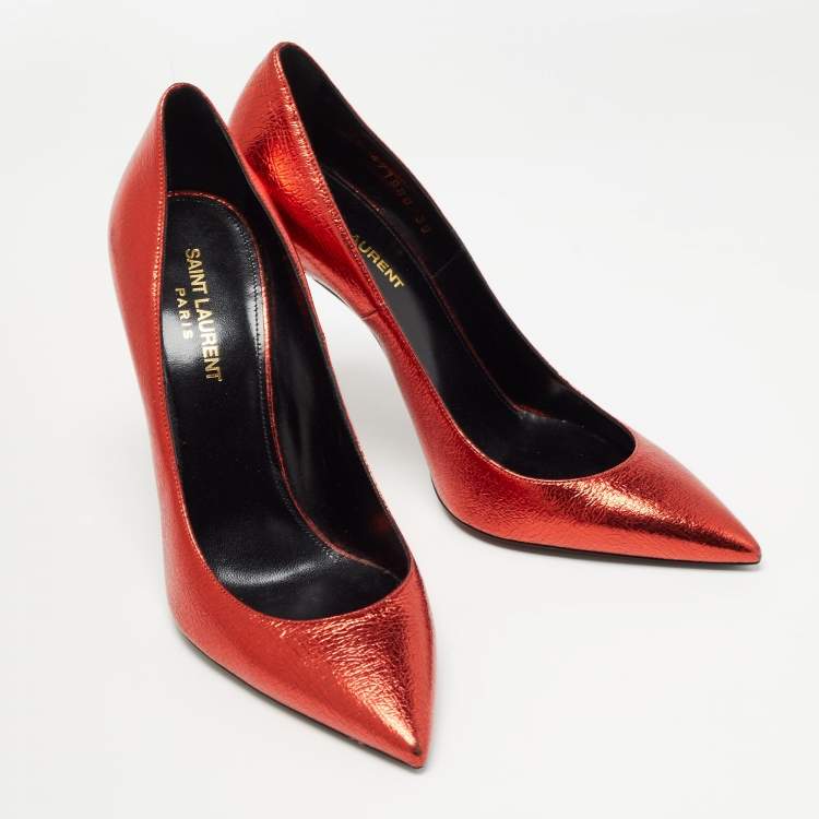 Pre Owned Saint Laurent Red Textured Leather Anja Pumps Size 39
