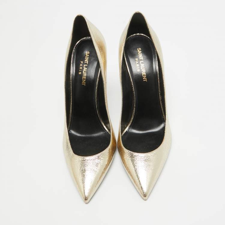 Pre Owned Saint Laurent Gold Leather Anja Pointed Toe Pumps Size 39