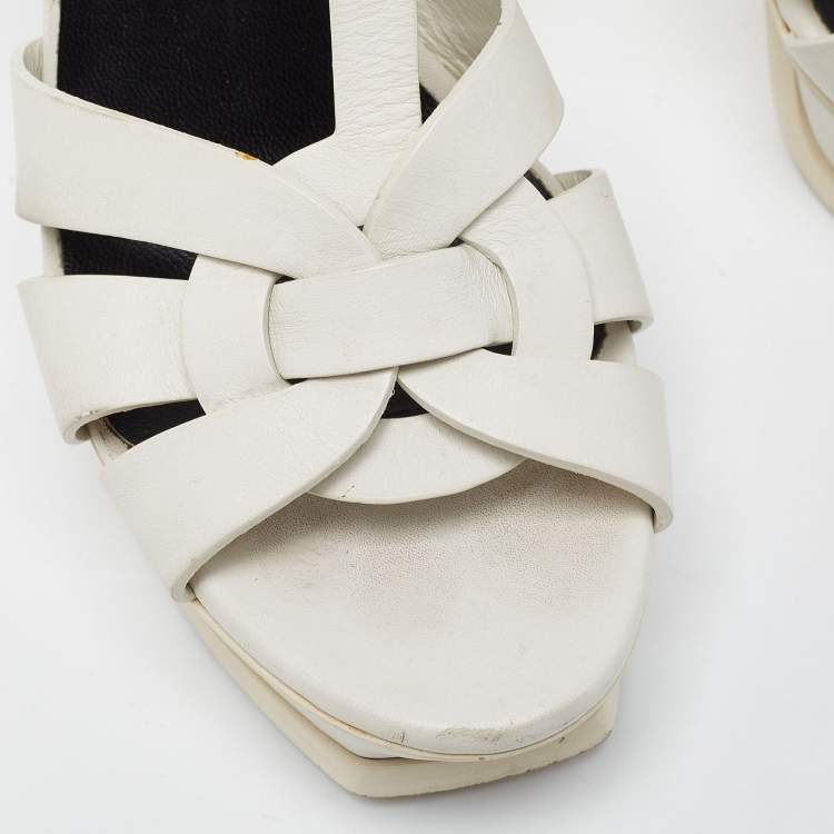 Pre Owned Saint Laurent White Leather Tribute Sandals Size 38