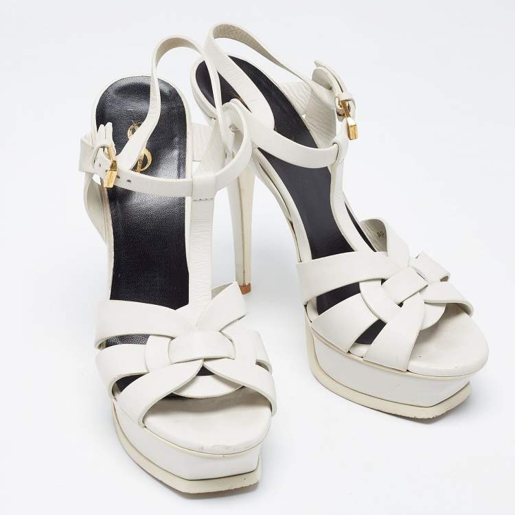 Pre Owned Saint Laurent White Leather Tribute Sandals Size 38